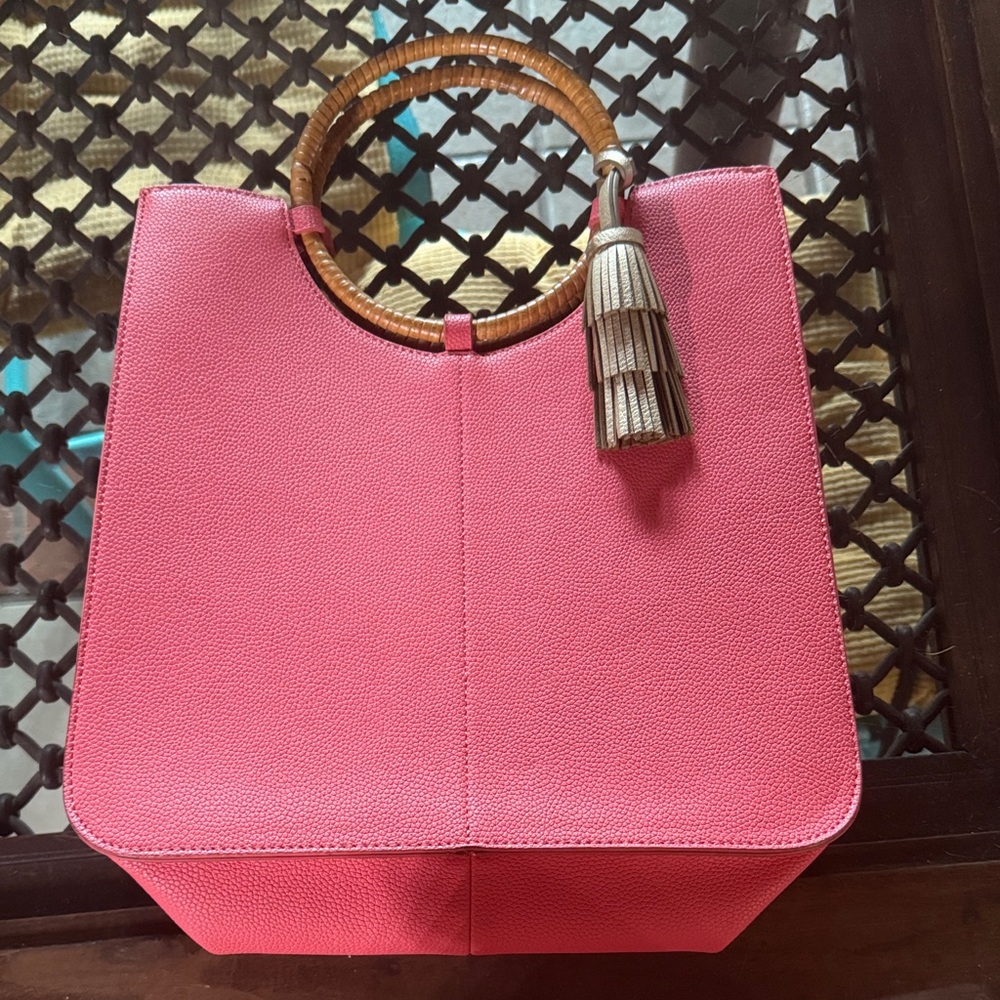 Women's Pink Tote with Bamboo Circle Handles and Tassel